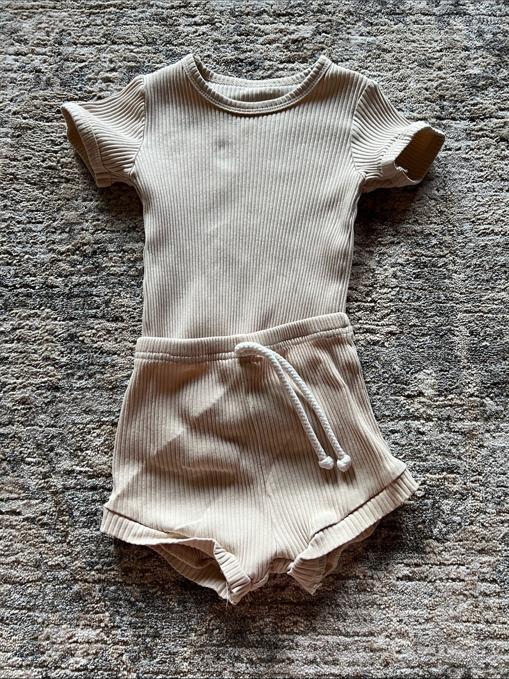 Ribbed Short Sleeve Romper in Light Beige